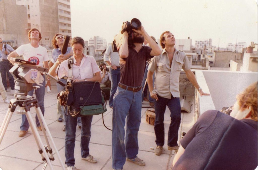 Journalists waching Israeli air raids from roof of the Commodore Hotel Beirut 1982